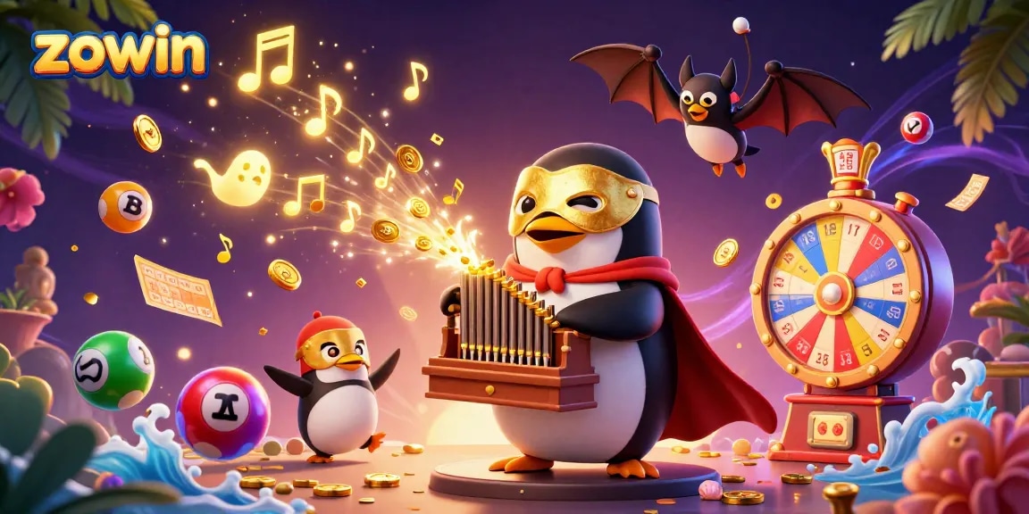 Zowin's exciting gameplay illustrated with a phantom opera penguin, organ, and dynamic lottery elements.