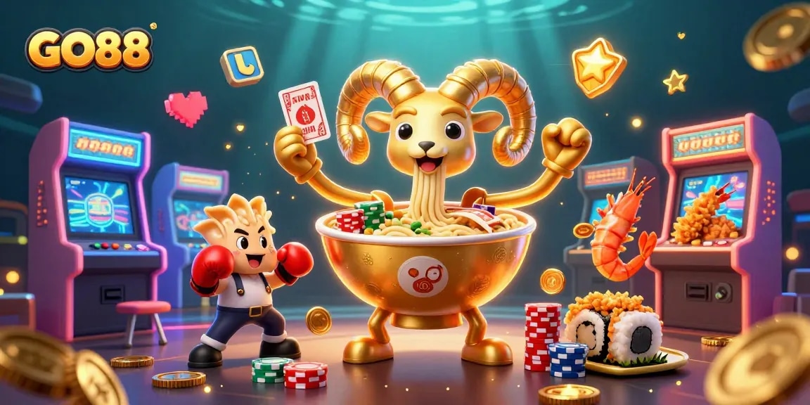 Engage in thrilling gaming action with GO88's vibrant characters and casino elements in this lively 3D illustration.