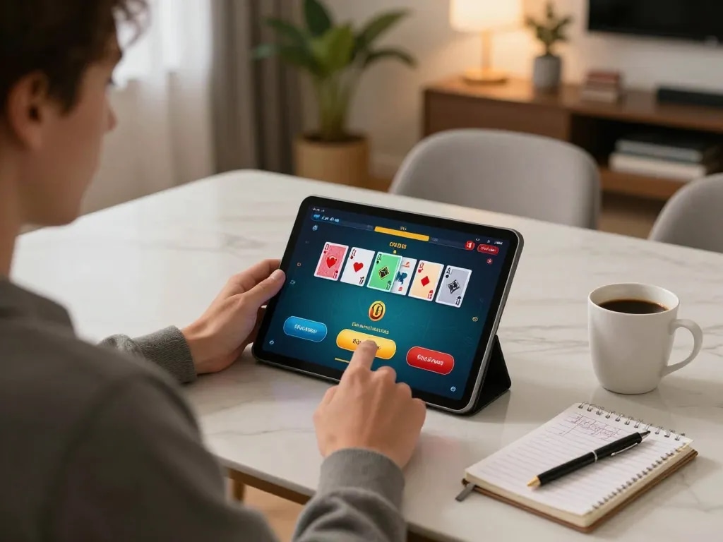 Bet168 player enjoying a poker game on tablet at home table, showcasing strategy notes and cozy atmosphere.