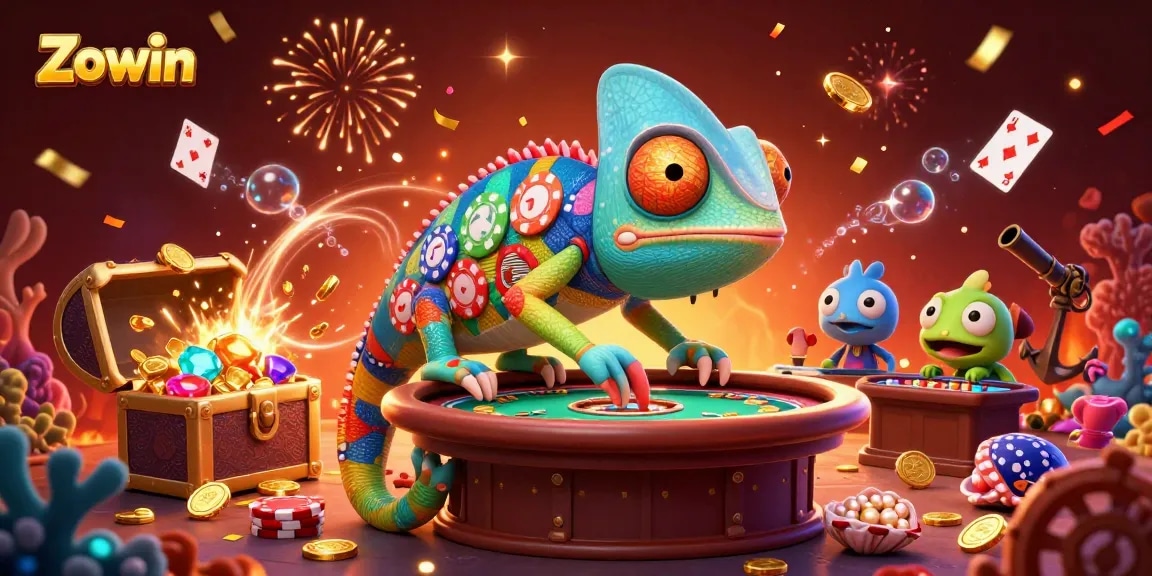 Zowin casino, vibrant 3D chameleon owner amidst colorful treasures and festive activities.