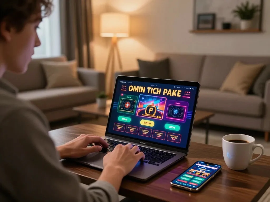 Engaging in online casino gameplay featuring 789club on a laptop, showcasing vibrant graphics and comfort.
