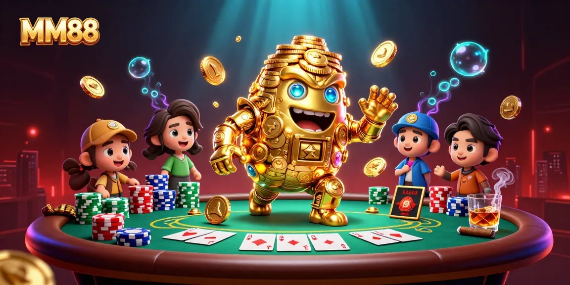 Engage with MM88's thrilling gaming experience featuring a golden golem and vibrant casino elements.
