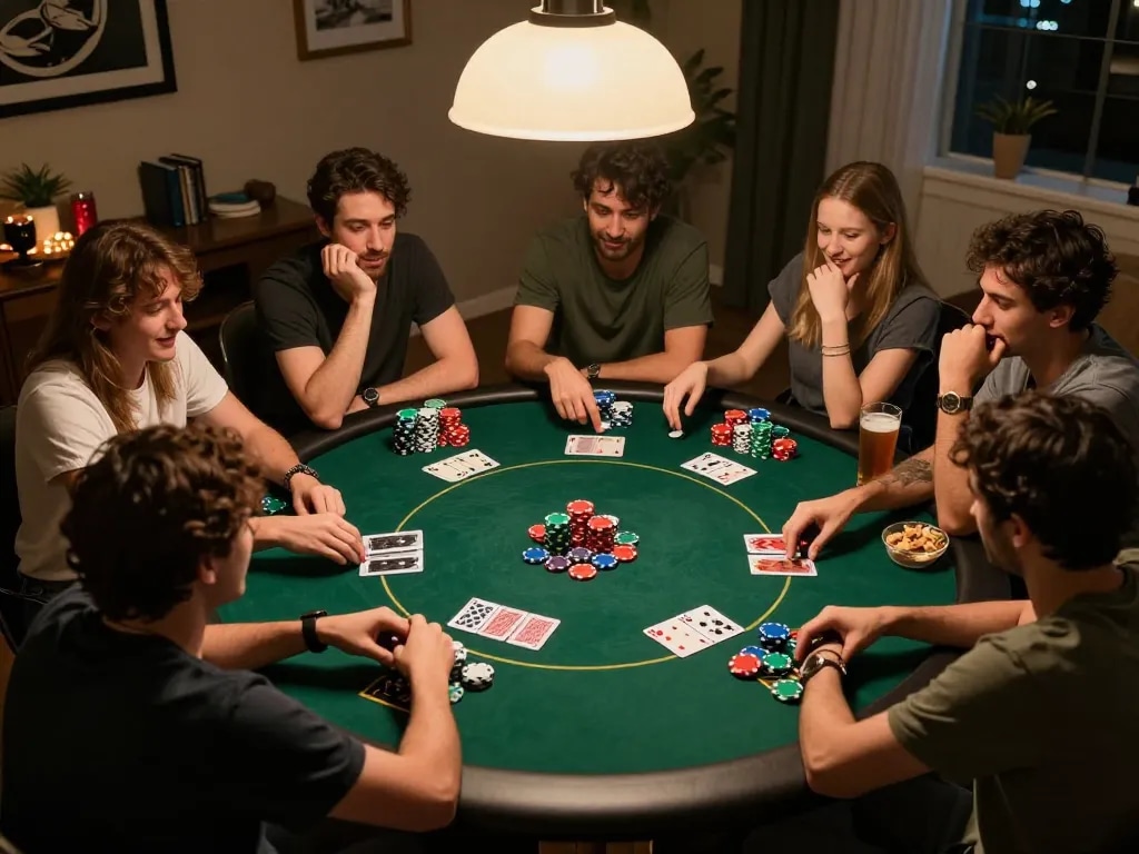 Topzo players enjoying an engaging home poker night, filled with chips and excitement.
