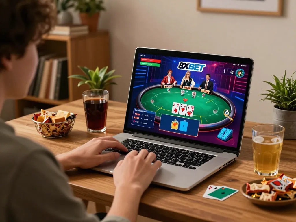 Player enjoying 8XBET's online casino on laptop with vibrant poker hands displayed