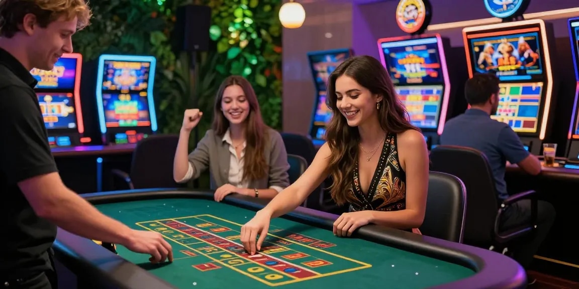 Diverse players enjoying thrilling games at non UK casinos featured on dsam.org.uk, highlighting live dealer action and vibrant atmosphere.