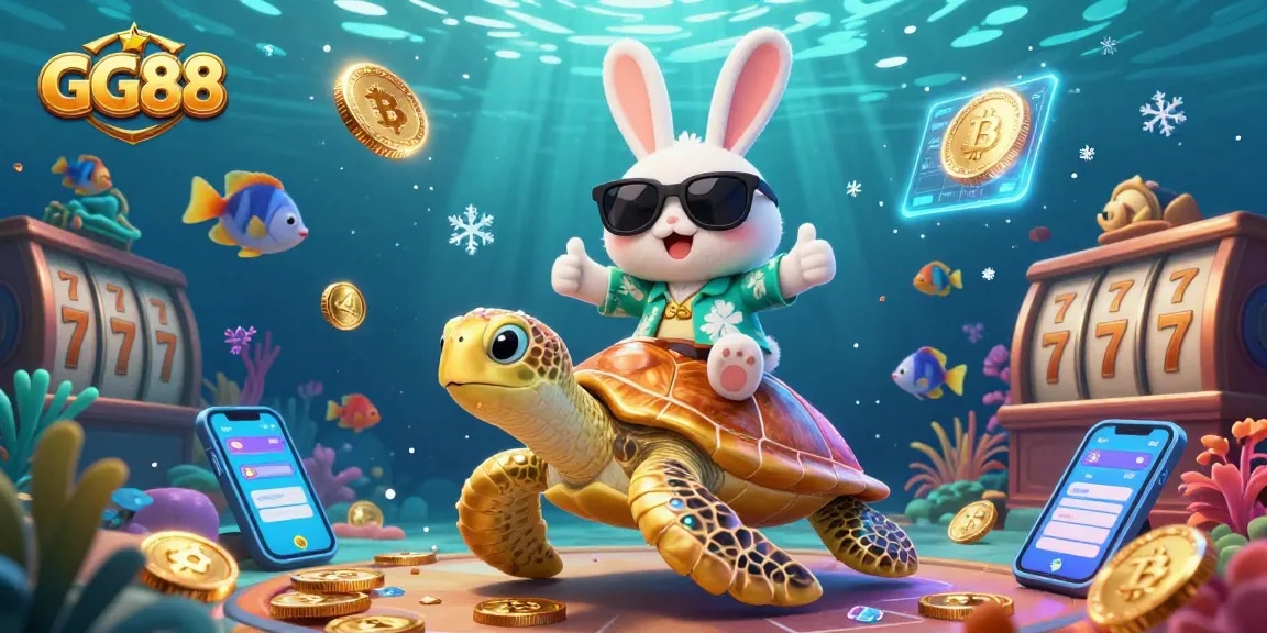 Engage with GG88's vibrant casino scene featuring a lucky rabbit and sea turtle amidst illuminated crypto elements.