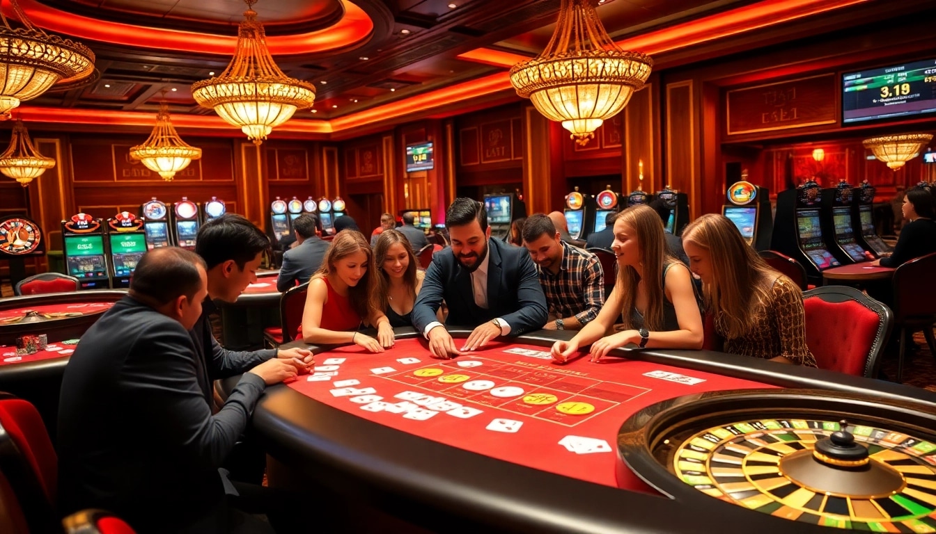 Gambling enthusiasts engaged at a lively Ga6789 blackjack table in a luxurious casino.