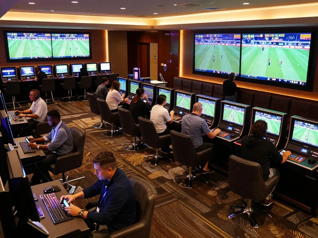 Engaged bettors placing bets at Debet's modern sports betting area, showcasing excitement in 2026