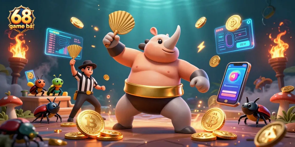 Experience thrilling wins at 68 game bài with vibrant characters, golden coins, and crypto excitement.