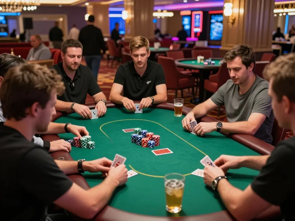 Tải hitclub and enjoy an exciting poker game in a vibrant casino, with players and colorful chips.