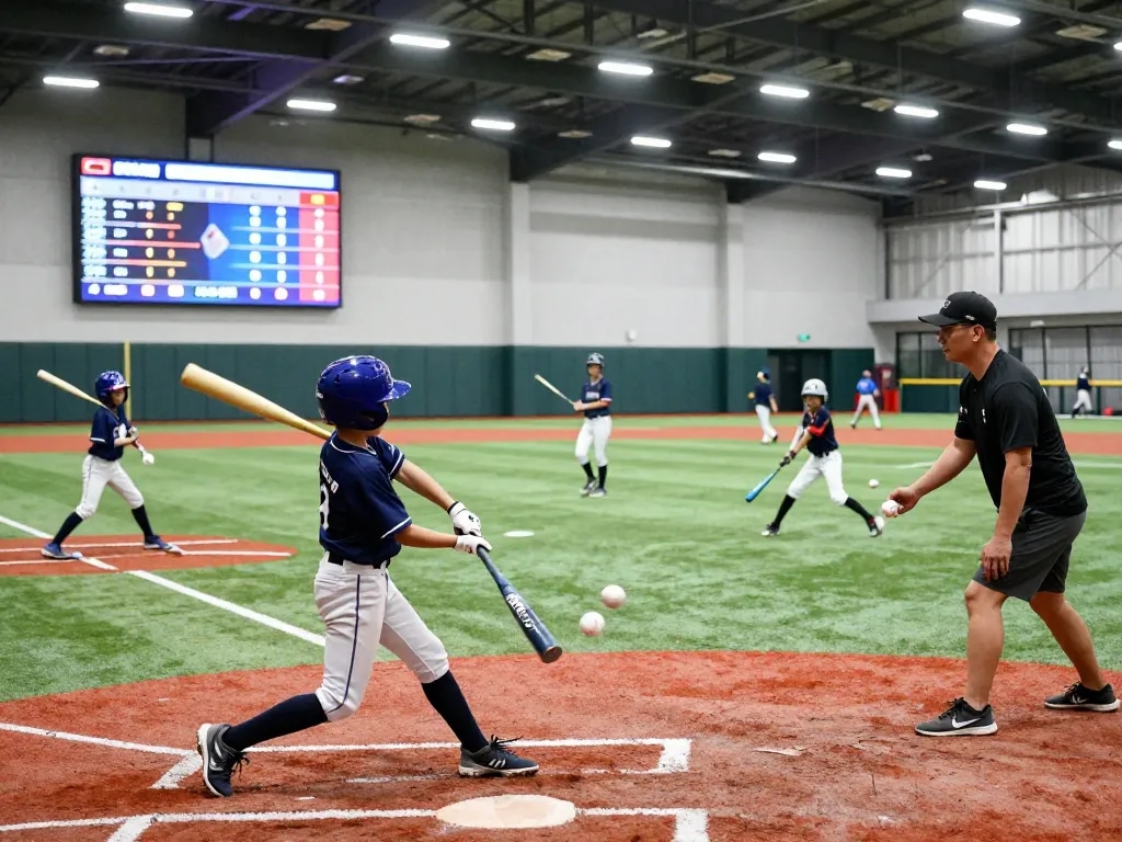Hitclub baseball training with young athletes practicing under bright lights.