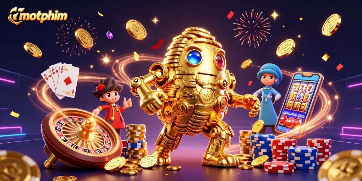 Spin the reels with motphim's vibrant slot scene featuring dazzling symbols and golden golem.