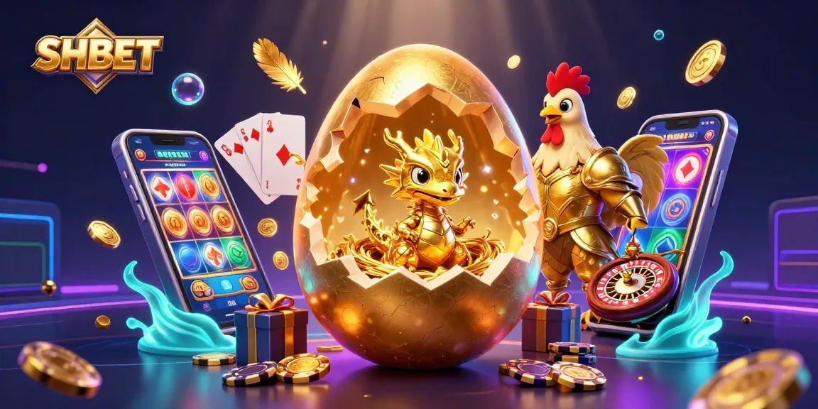 Experience thrilling gameplay with SHBET—baby dragon guarding golden poker chips amid colorful slot games.