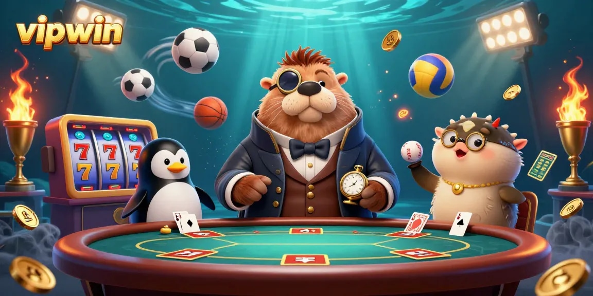 Join the fun at vipwin with underwater poker featuring a walrus, penguin dealer, and pufferfish!