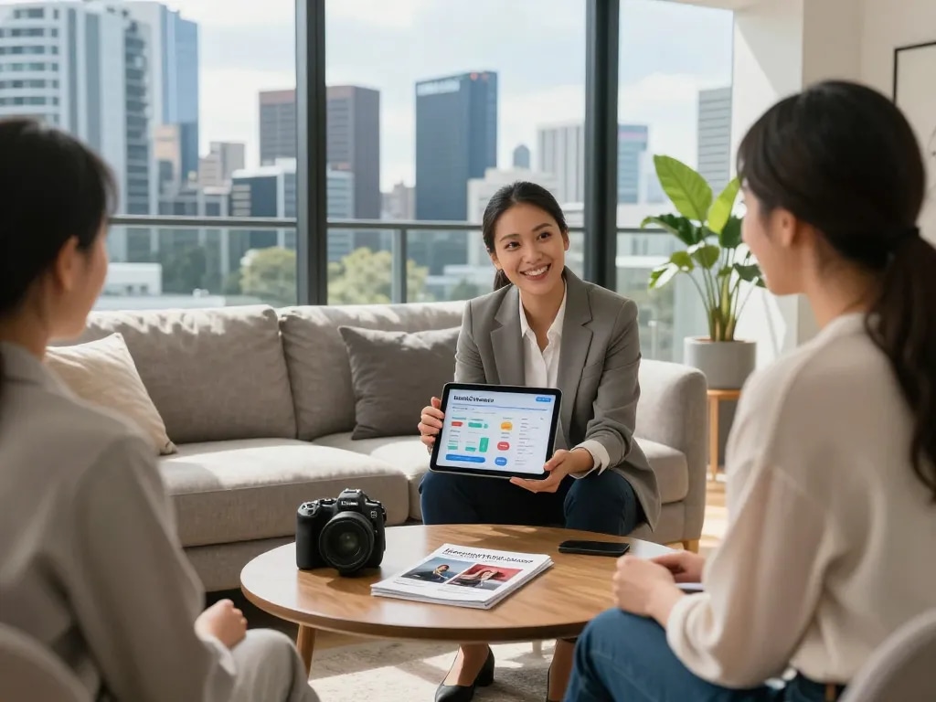 Engaging discussion on airbnb management melbourne in modern apartment showcasing rental performance analytics.
