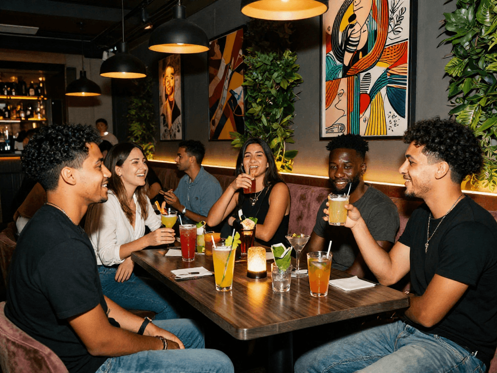 NSFW social scene in a trendy bar, featuring friends laughing and enjoying colorful cocktails in a lively atmosphere.