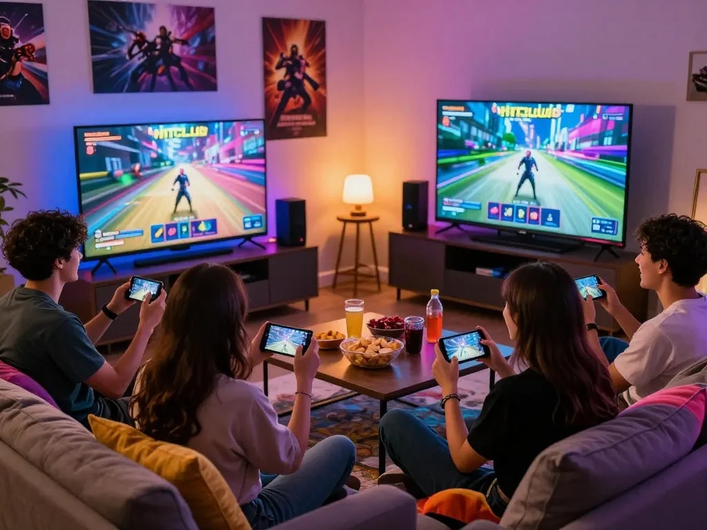Tải hitclub as friends enjoy a lively gaming night, vibrant atmosphere, and immersive graphics.