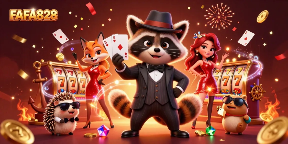Exciting FAFA828 scene showcasing a suave raccoon dealing cards with golden treasures and festive elements.