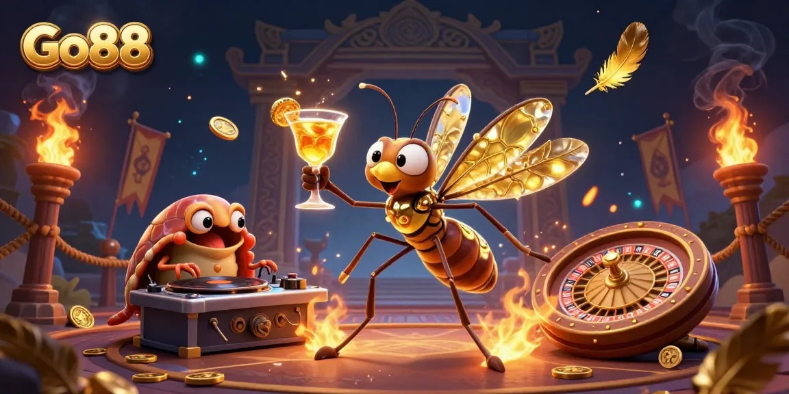 Experience the thrill of Go88 with a lively casino scene featuring unique characters and vibrant elements.