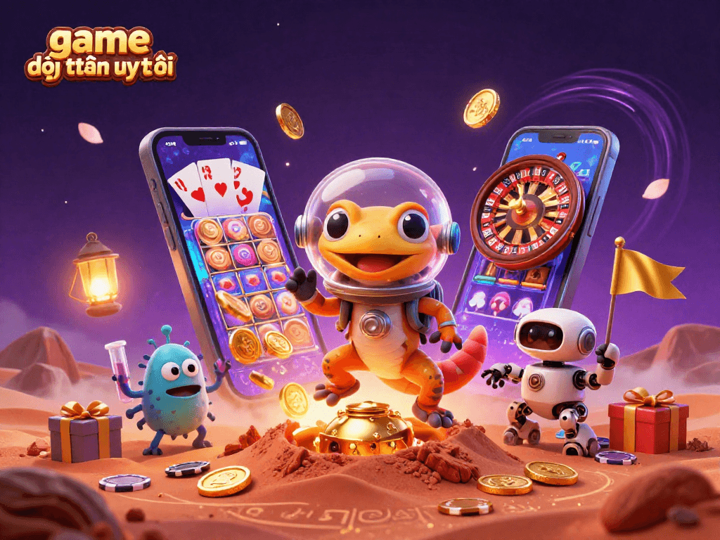 Experience the excitement of game đổi thưởng uy tín with a Martian gecko amidst a golden casino.