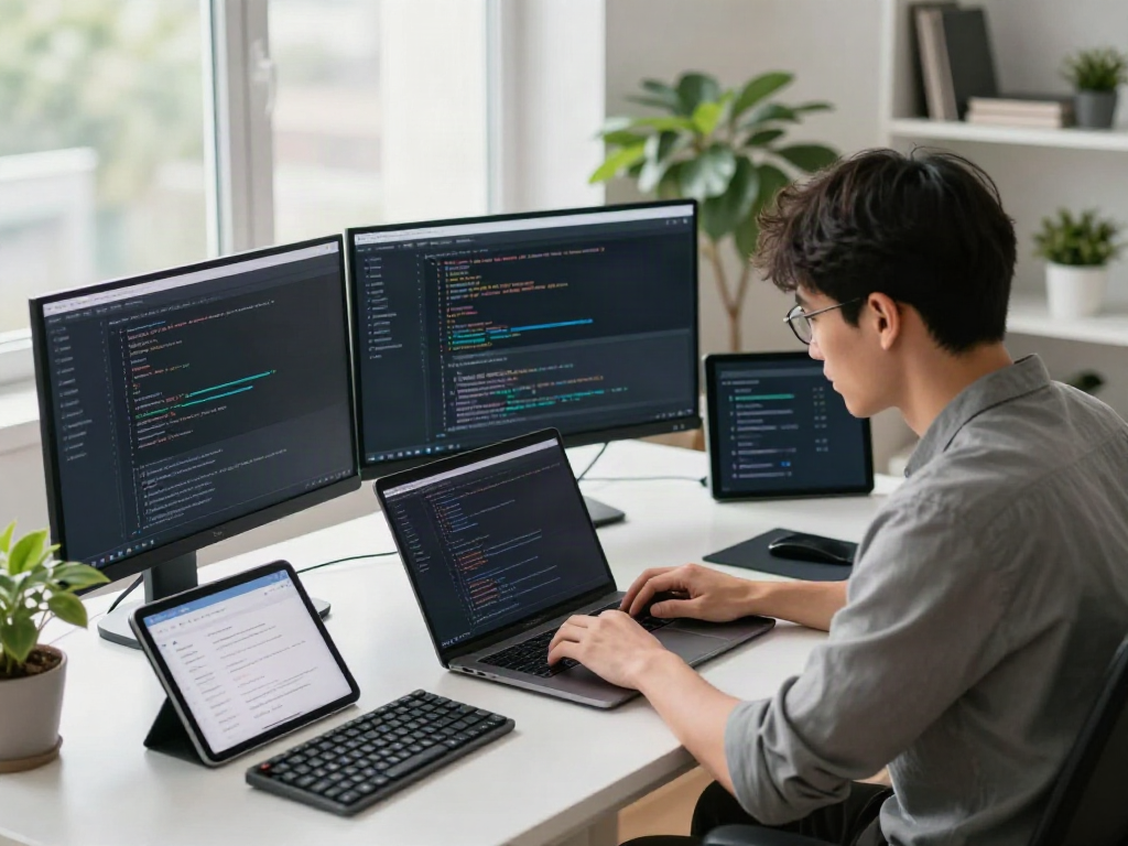Web developer using instant indexing tools on multiple screens in a modern workspace.