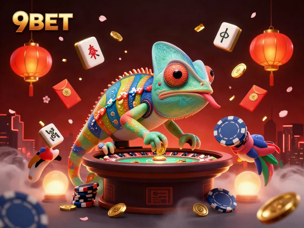 Experience the vibrant world of 9BET with a chameleon casino owner and dynamic game elements.
