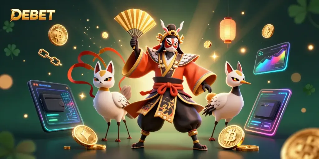 Experience thrilling gaming at DEBET with vibrant visuals, showcasing unique characters and crypto elements.
