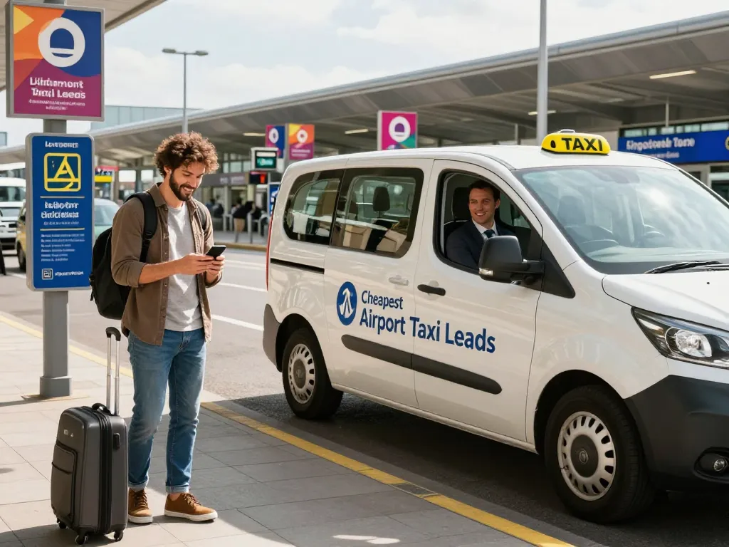 Cheapest airport taxi leeds at Leeds Bradford Airport with happy traveler checking phone and spacious taxi van parked nearby.