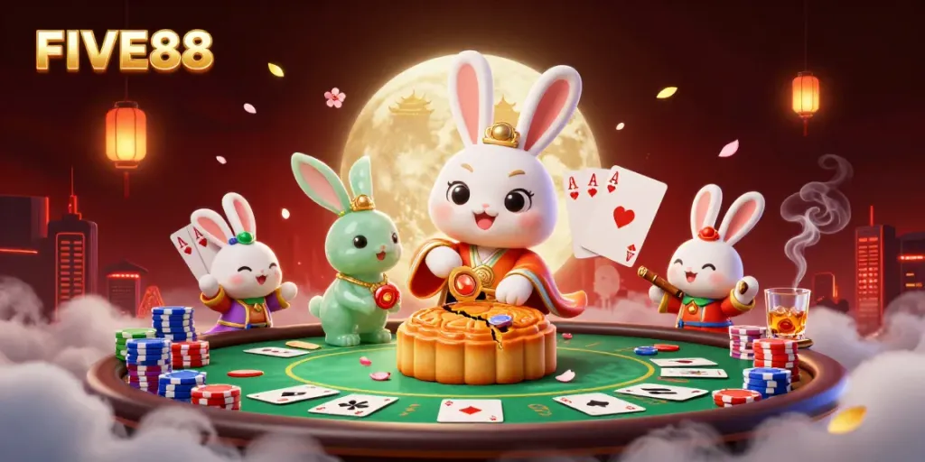 Experience thrilling poker action with the FIVE88 moon rabbit amidst vibrant casino elements.
