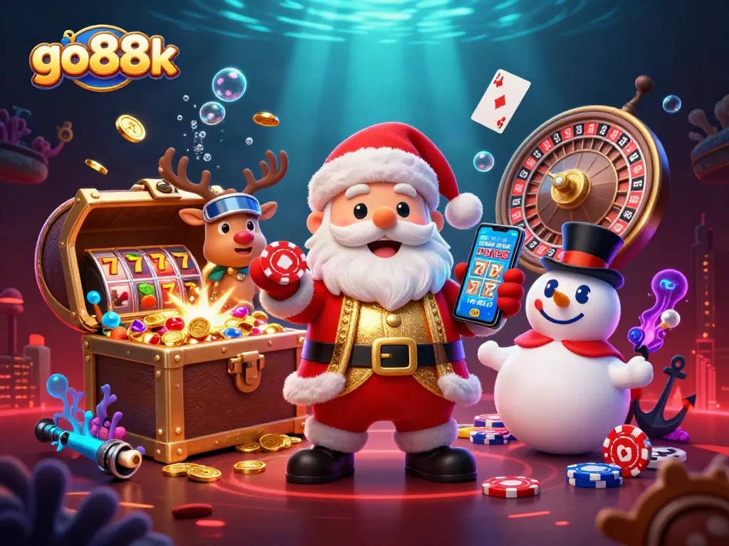 Join go88k's festive gaming adventure with Santa, reindeer, and a poker chip snowman!