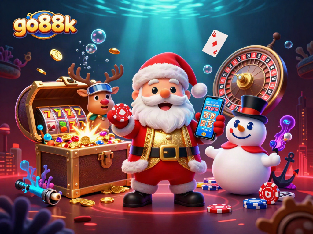 Join go88k's festive gaming adventure with Santa, reindeer, and a poker chip snowman!