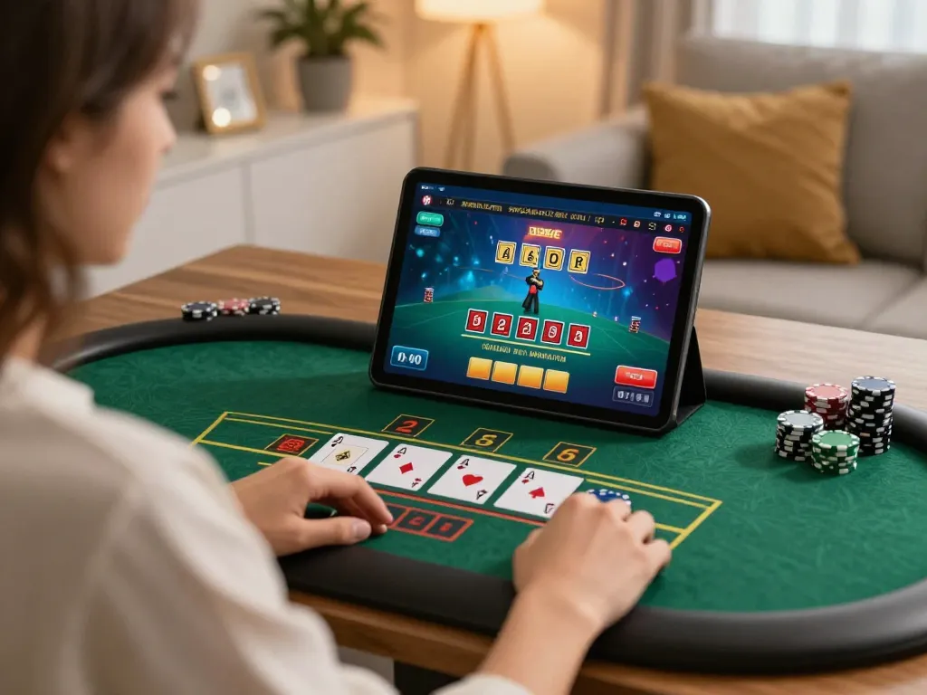 Kwin player enjoying live blackjack on a tablet in a cozy home setting