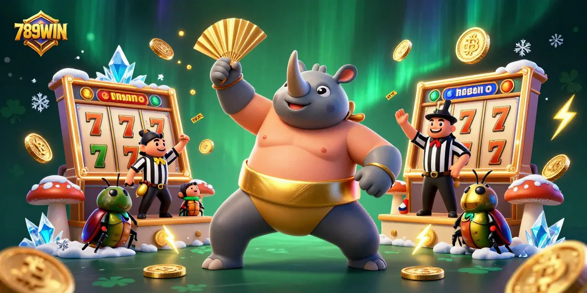 Experience the excitement of 789WIN with a lively scene featuring a sumo champion beetle surrounded by vibrant casino elements.
