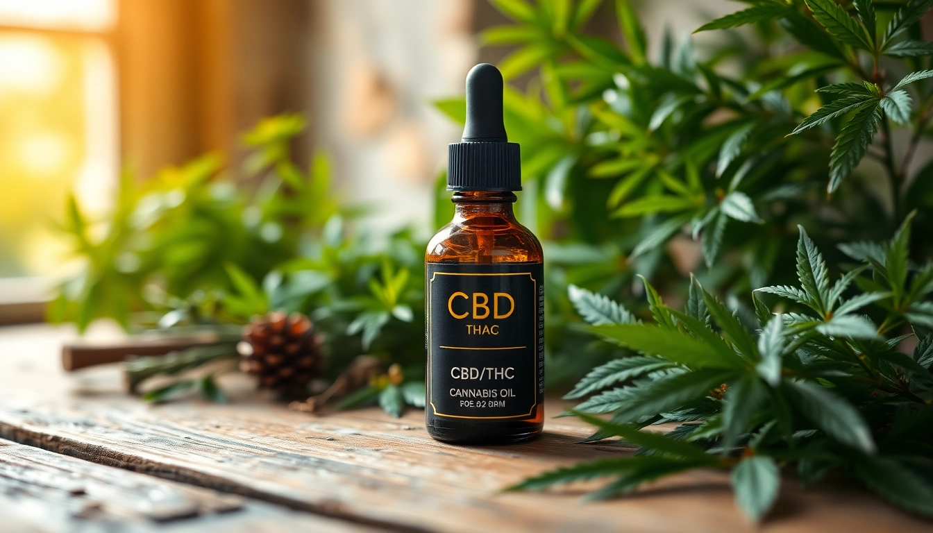 Buy CBD / THC Cannabis Oil UK showcased in a serene setting with natural herbs and warm lighting.