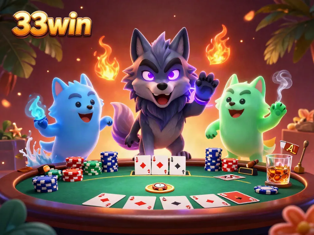 Experience thrilling poker action with 33win in a vibrant 3D casino scene.