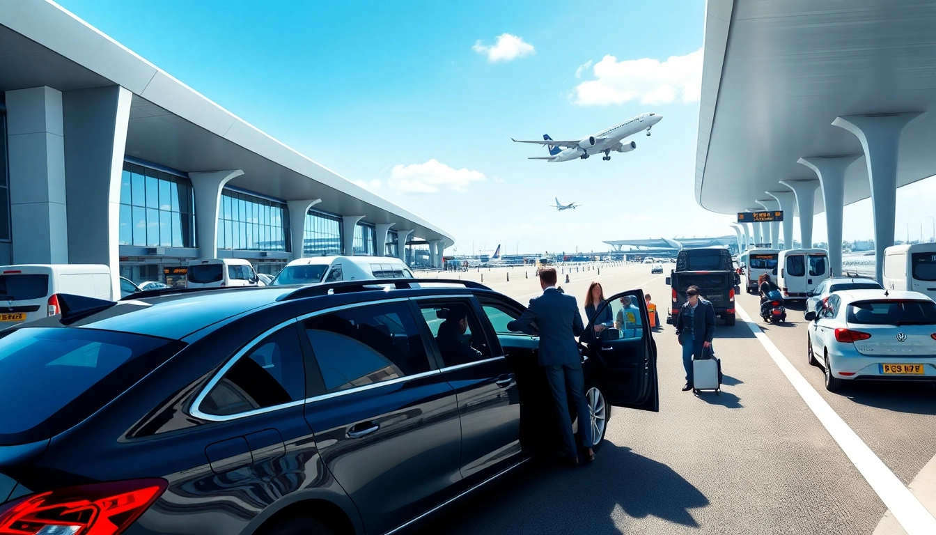 Connecting passengers at a busy City airport terminal with taxis ready for service.