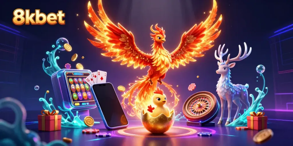 Engage with 8xbet's thrilling gaming experience featuring vibrant scenes of slots, phoenix characters, and casino elements.
