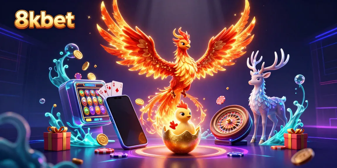 Engage with 8xbet's thrilling gaming experience featuring vibrant scenes of slots, phoenix characters, and casino elements.