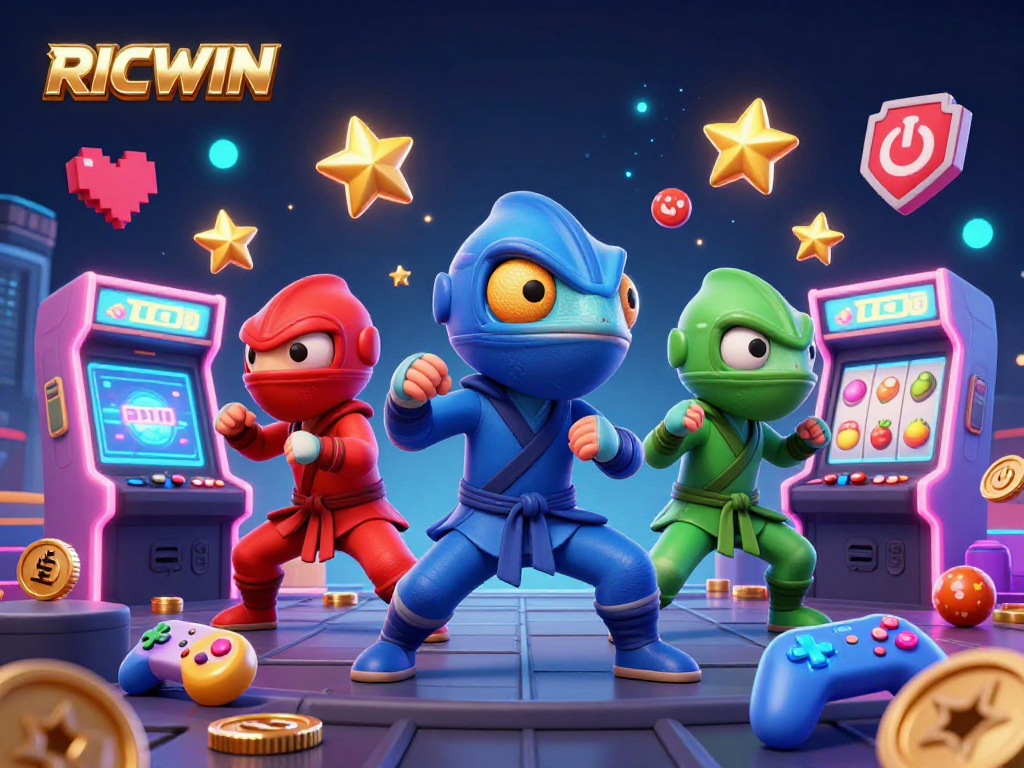 Join the exciting world of RICWIN gaming with a vibrant scene of ninja chameleons and casino elements.