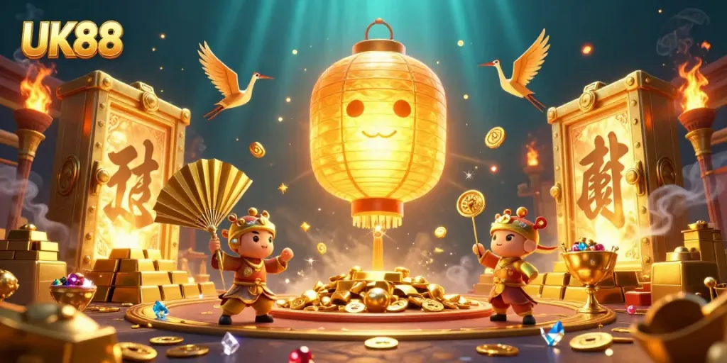 Experience the enchanting world of UK88 with the golden lantern spirit and treasures in a vibrant casino scene.
