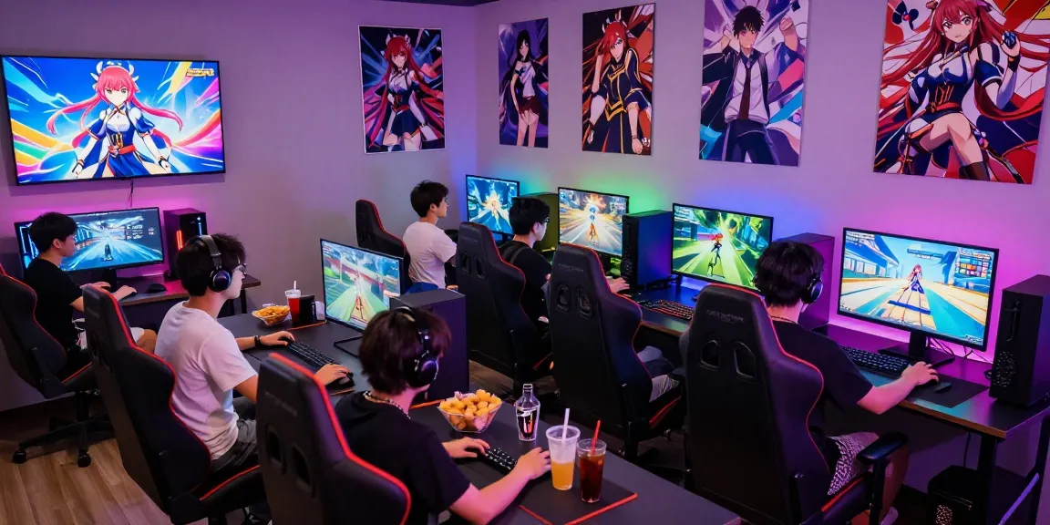 Friends enjoying a lively gaming session with a popular hentai game displayed on screens.