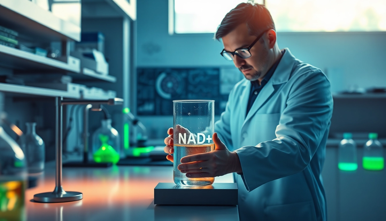 Scientist studying NAD+ in a modern laboratory, focused on innovative research.