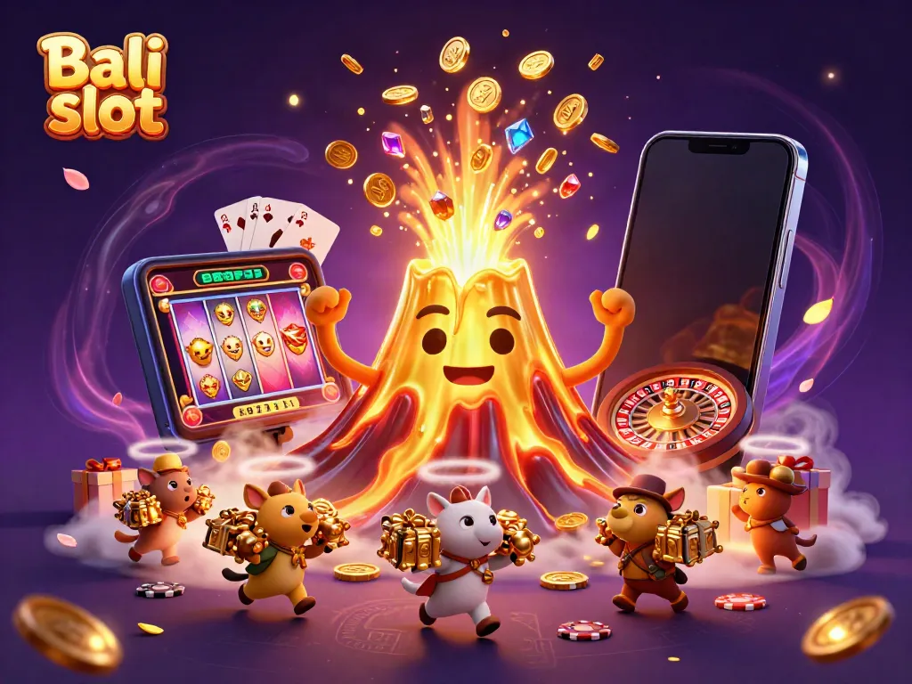 Engage with Bali slot's exciting treasures from a golden volcano in a vibrant casino scene.