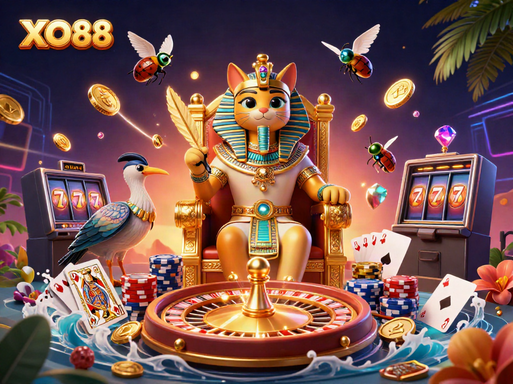 Engage with exciting games at XO88 featuring an Egyptian pharaoh cat and dynamic casino elements.