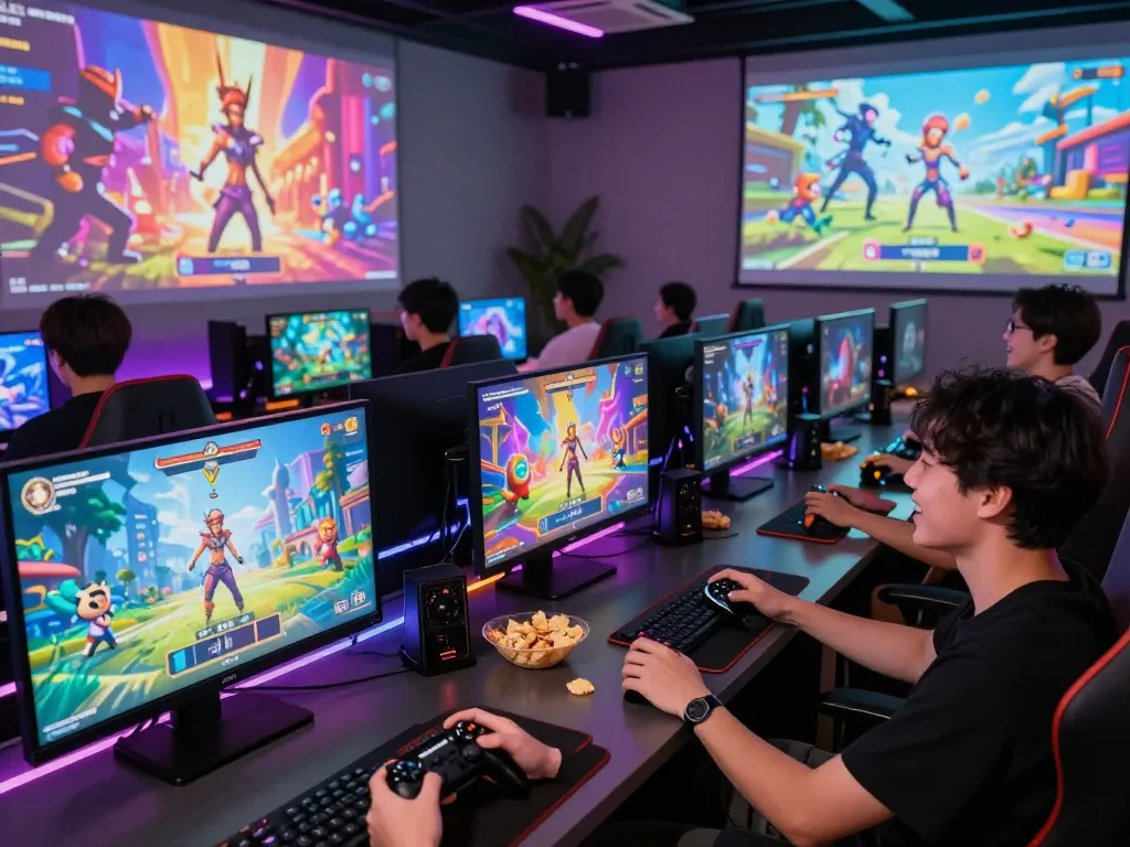 Group enjoying porn games in a vibrant gaming lounge with colorful screens and controllers.