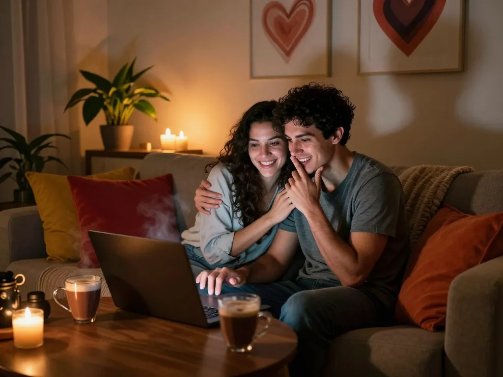 Engaging in sexchat over video, showcasing a cozy and intimate atmosphere with candles and soft lighting.