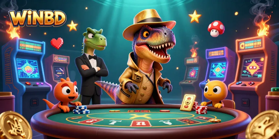 Experience thrilling gameplay at WINBD featuring a velociraptor card counter amidst vibrant casino elements.