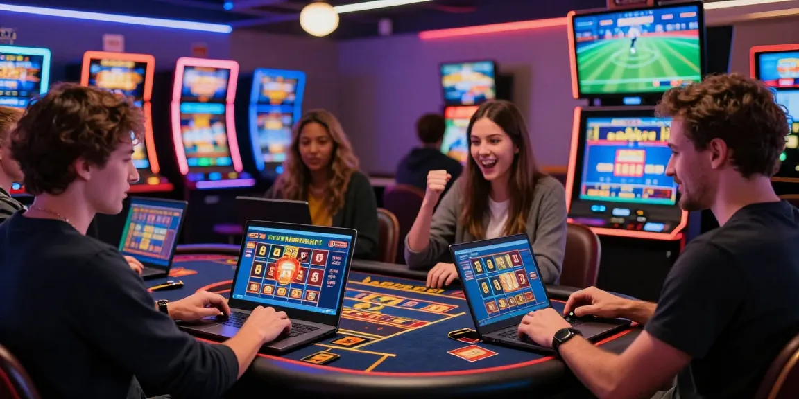 Players enjoying credit card casino sites, making deposits and celebrating wins in a vibrant online casino environment.