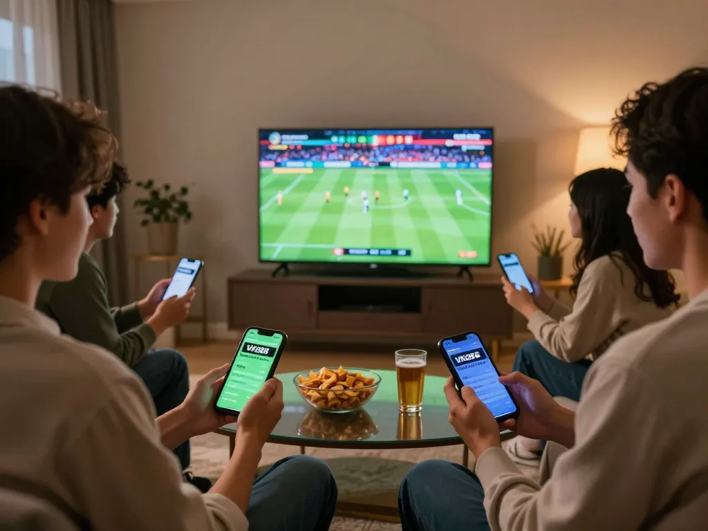 Friends engaging in sports betting with VK88 app on smartphones during a game night