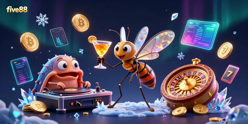 Experience five88's vibrant casino scene featuring mascots and crypto elements.